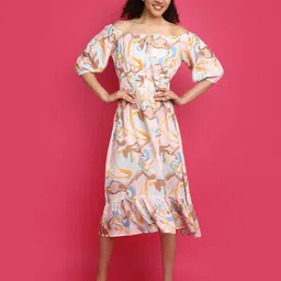 V-Mart Abstract Print Off-Shoulder Puff Sleeve Fit & Flare Midi Dress-image-24