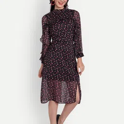 ISAM Women Black & Pink Floral Chiffon Midi Dress-picture-58