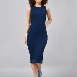 Orchid Blues Round Neck Sleeveless Cotton Denim Bodycon Midi Dress-picture-17