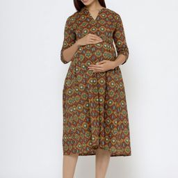 CRAFIQA Floral Printed Fit & Flare Pure Cotton Maternity Midi Dress-image-84