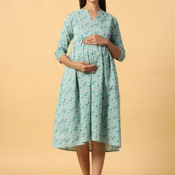 CRAFIQA Floral Printed Maternity & Nursing Pure Cotton Pleated Fit & Flare Midi Dress-picture-32
