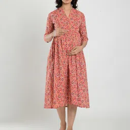 CRAFIQA Floral Print Mandarin Collar Fit & Flare Maternity Midi Dress-image-64