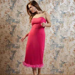 Athena Fuchsia Fringed Detailed Strapless Scuba Bodycon Midi Dress-picture-40