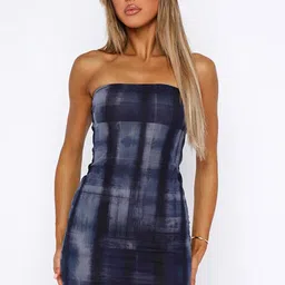 StyleCast x Revolte Navy Blue Off-Shoulder Checked Bodycon Mini Dress-image-47
