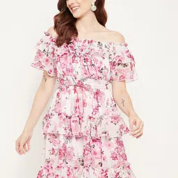 Bitterlime Pink Floral Off-Shoulder Georgette Dress-picture-5