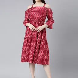 ERISHA Floral Printed Cold-Shoulder Fit & Flare Midi Dress-picture-21