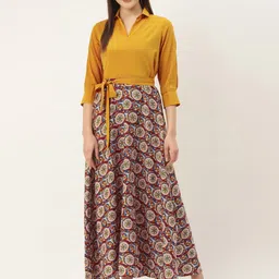 DressBerry Maroon & Yellow Ethnic Motifs Printed Tie-Up Detailed A-Line Dress-image-56