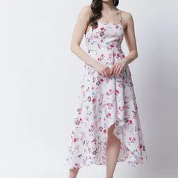 emeros White & Pink Floral Printed Stylized Back High Low Crepe Maxi Dress-image-70