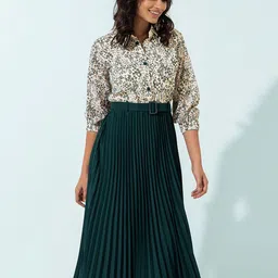 AASK Green & Beige Floral Crepe Shirt Midi Dress-picture-8