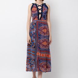 DODO & MOA Navy Blue Ethnic Motifs Tie-Up Neck Midi Dress-image-38