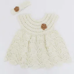 Woonie Cream-Coloured Floral Applique Dress With Headband-28