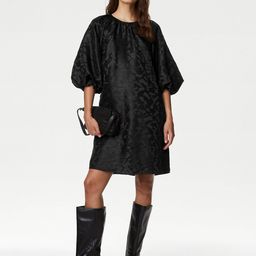 Marks & Spencer Self Design Puff Sleeves Jacquard A-Line Dress-image-52