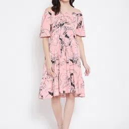 Ruhaans Pink Floral Off-Shoulder Crepe Dress-picture-40