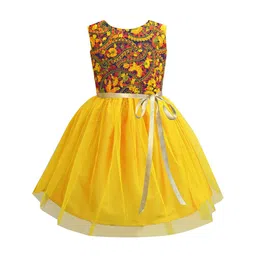 A T U N Mustard Yellow Floral Embroidered Net Dress-picture-37