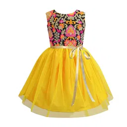 A T U N Mustard Yellow Floral Embroidered Net Dress-image-41