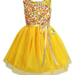 A T U N Mustard Yellow Floral Net Dress-picture-41