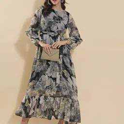 Fashfun Women Floral Print Bishop Sleeve Chiffon Fit & Flare Maxi Dress-13