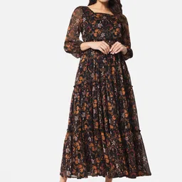 BAESD Floral Printed Square Neck Puffed Sleeves Georgette Fit & Flare Maxi Dress-image-8