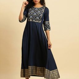 W Blue Floral Embroidered Sequined Maxi Ethnic Dress-image-31