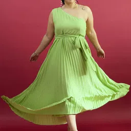 CURVE BY KASSUALLY Plus Size Green One-Shoulder Empire Pleated Midi Dress-35