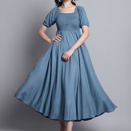 BAESD Square Neck Puff Sleeves Smocked Fit & Flare Midi Dress-image-55