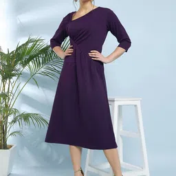 Antheaa Purple Flared V-Neck Fit & Flare Midi Dress-image-15