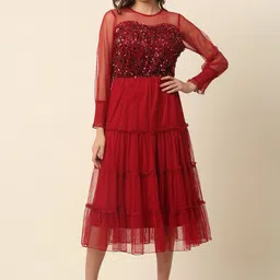 plusS Red Tiered Sequinned Fit & Flare Midi Dress-image-31