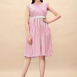 Glomee Striped Fit & Flare Midi Dress-picture-44