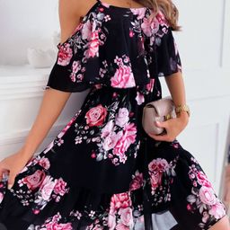 StyleCast Black Floral Printed Cold-Shoulder Fit & Flare Dress-picture-43