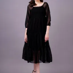 HIGHLIGHT FASHION EXPORT Puff Sleeve Georgette Fit and Flare Midi Dress-picture-24