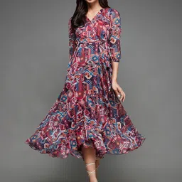 Miss Chase Red Abstract Printed V-Neck Tie-Ups Detail Chiffon Wrap Midi Dress-picture-0