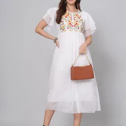 KALINI Self Design Embroidered Flared Sleeves Chiffon Empire Midi Dress-image-7