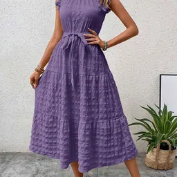 StyleCast Purple Textured Self Design High Neck Tiered Fit & Flare Midi Dress-11