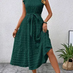 StyleCast Women Self Design Flutter Sleeves Belted Fit & Flare Midi Dress-picture-1