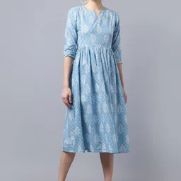 LARGISH Floral Print Gathered Fit & Flare Pure Cotton Dress-image-7