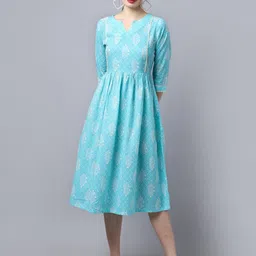 LARGISH Floral Print Gathered Fit & Flare Pure Cotton Dress-image-6