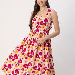 Moomaya Floral Print Fit & Flare Cotton Midi Dress-image-32