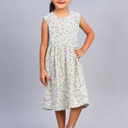 ZION Floral Printed Gathered Or Pleated Cotton A-Line Midi Dress-35