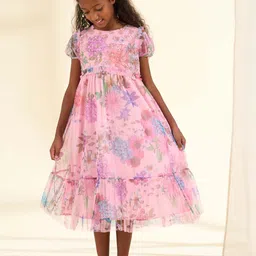 Angel & Rocket Girls Floral Printed Sequined Round Neck Puff Sleeve Fit & Flare Midi Dress-image-56