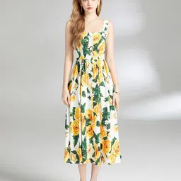 JC Collection Floral Printed Square Neck Gathered Detail Fit & Flare Midi Dress-image-91