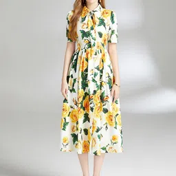 JC Collection Floral Printed Shirt Collar Fit & Flare Midi Dress-image-77