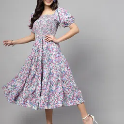 plusS White Floral Printed Smocked Tiered Fit & Flare Midi Dress-image-28
