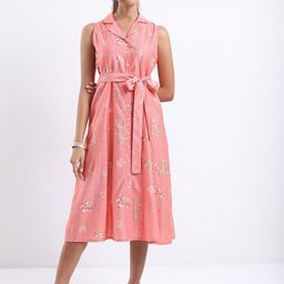 Vishudh Spread Collar Floral Printed Tie Up A-Line Midi Dress-image-59