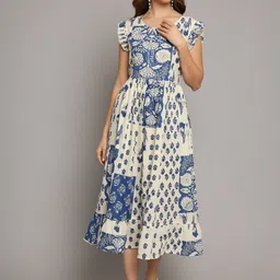 KALINI Ethnic Motifs Printed Cap Sleeves Cotton Fit & Flare Midi Dress-picture-46
