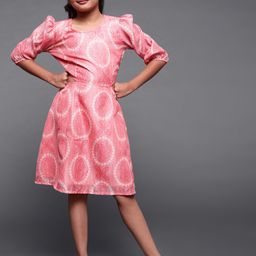 Aks Kids Girls Ethnic Motifs Bandhani Printed Puff Sleeves A-Line Midi Dress-picture-30