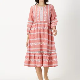 Saffron Threads Embroidered Keyhole Neck Cotton Linen Fit & Flare Midi Dress-image-38
