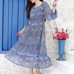 Sera Blue Ethnic Motifs Printed Puff Sleeves Gathered Fit & Flare Midi Dress-11
