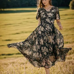 RARE Khaki Floral Print Fit & Flare Midi Dress-picture-15
