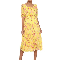 BAESD Floral Printed Puff Sleeves Gathered Tiered Georgette A-Line Midi Dress-image-43