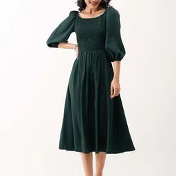AASK Sold Puff Sleeves Smocked Crepe Casual Fit & Flare Midi Dress-image-22
